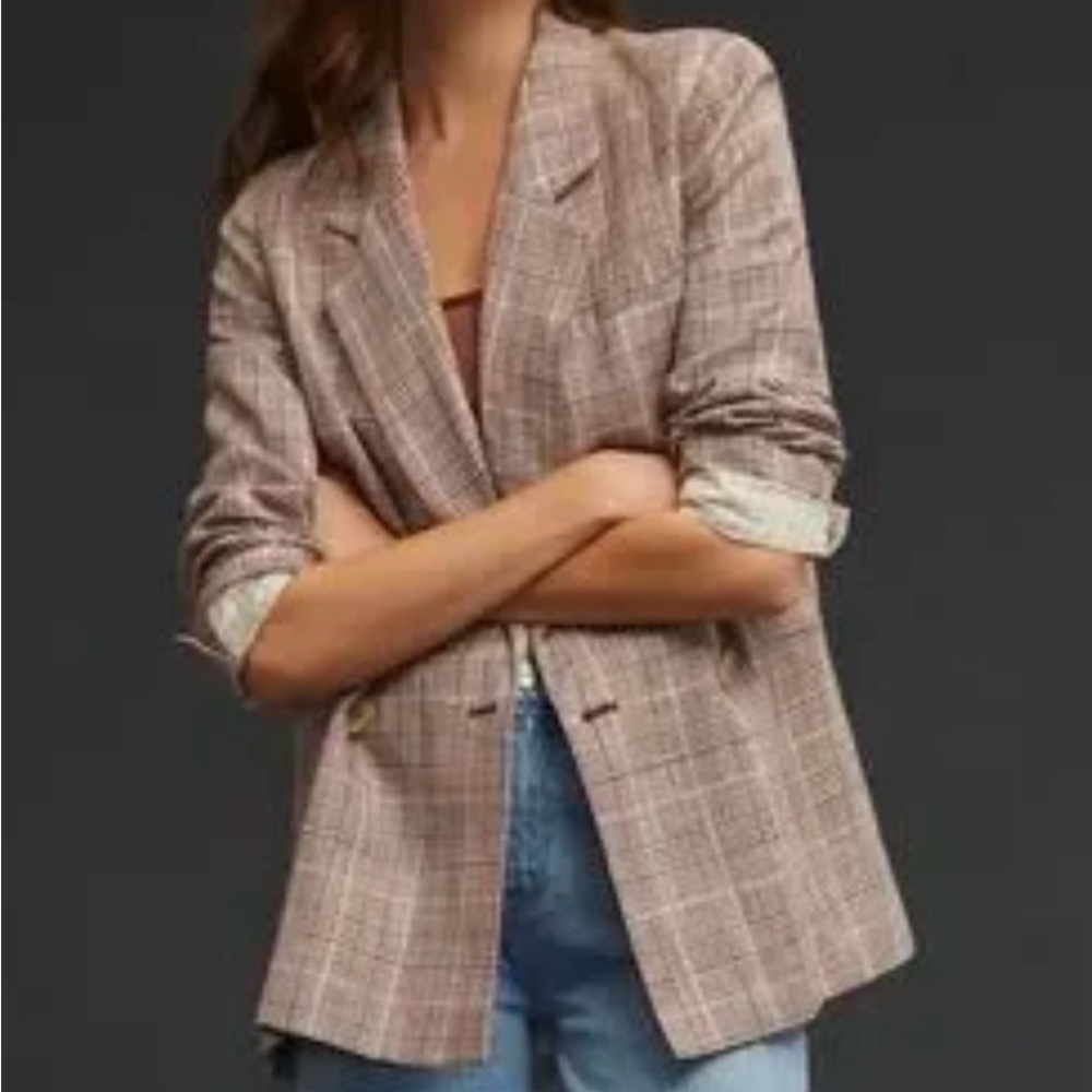 Anthropologie Brown Plaid Linen Blazer